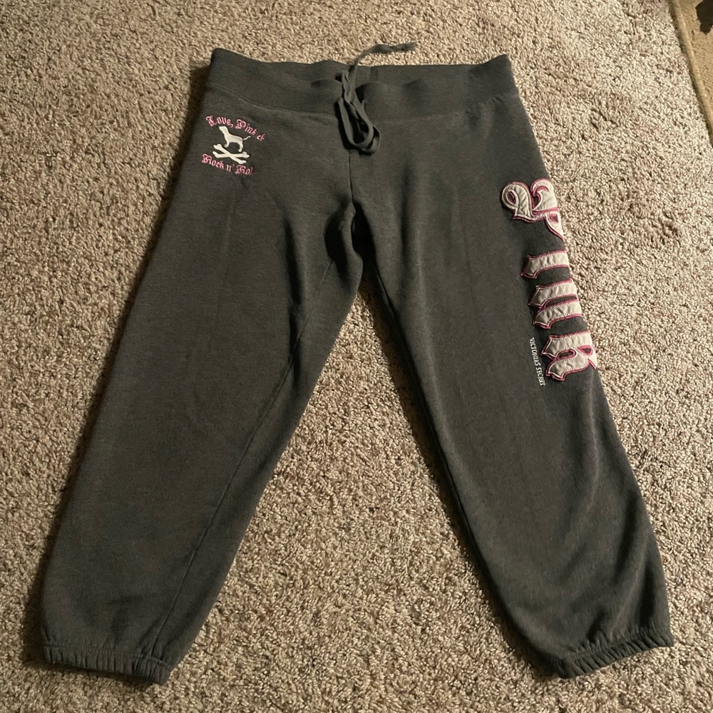 Victoria’s Secret PINK Y2K Grey Jogger Sweatpants Varsity Fleece Logo Vintage